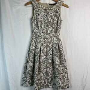 Zara Jacquard‎ Party Dress Womens XS Taupe Beige Pleated Fit Flare Sleeveless